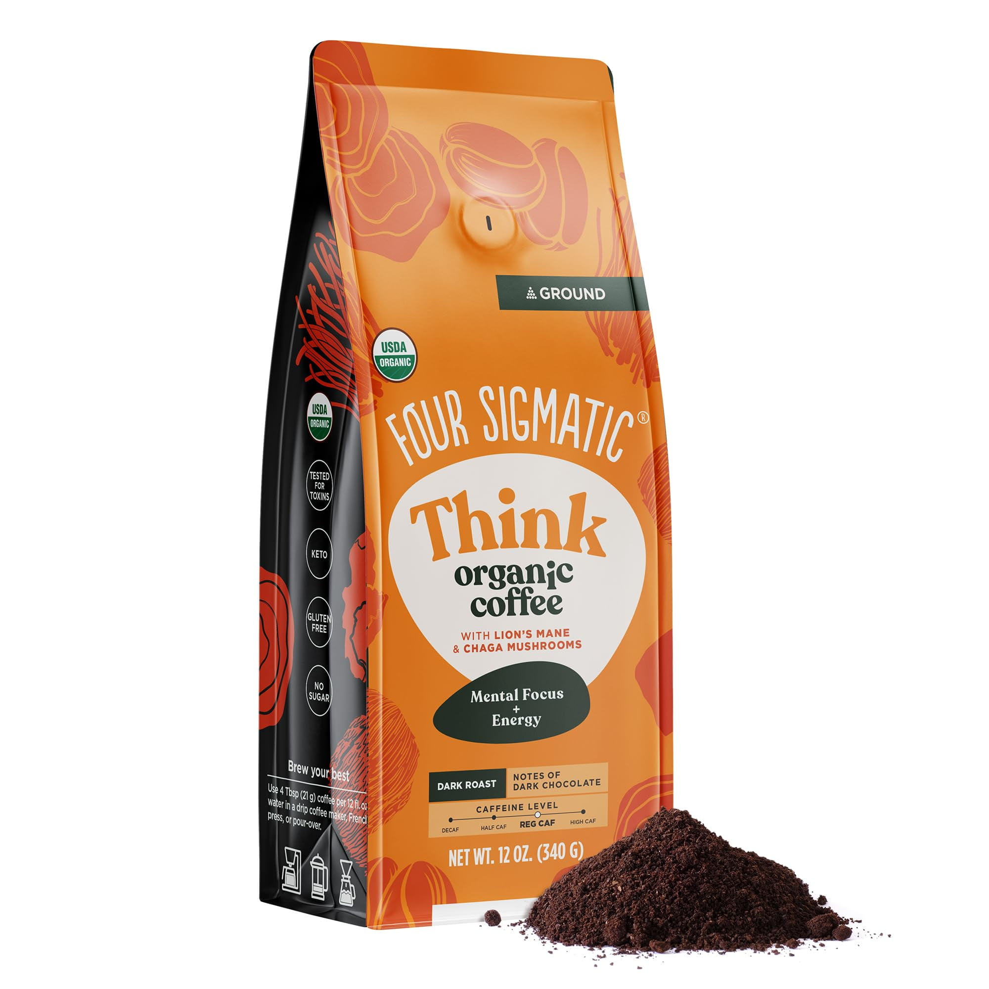 Four Sigmatic Organic Ground ZS23 Mushroom Coffee | Dark Roast Gourmet Coffee with Lion's Mane & Chaga | 12oz