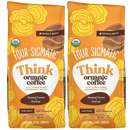 Four Sigmatic, Think, Organic Coffee with Lion's Mane Mushroom & Yacon, Whole Bean, Dark Roast, 12 oz (340 g) Pack of 2