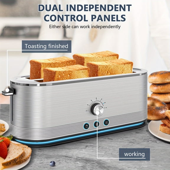 Four-Slice Toaster with Adjustable Browning Control, Defrost and Reheat Functions, Removable Crumb Tray, and Stainless Steel Construction for Easy Cleaning and Reliable Performance