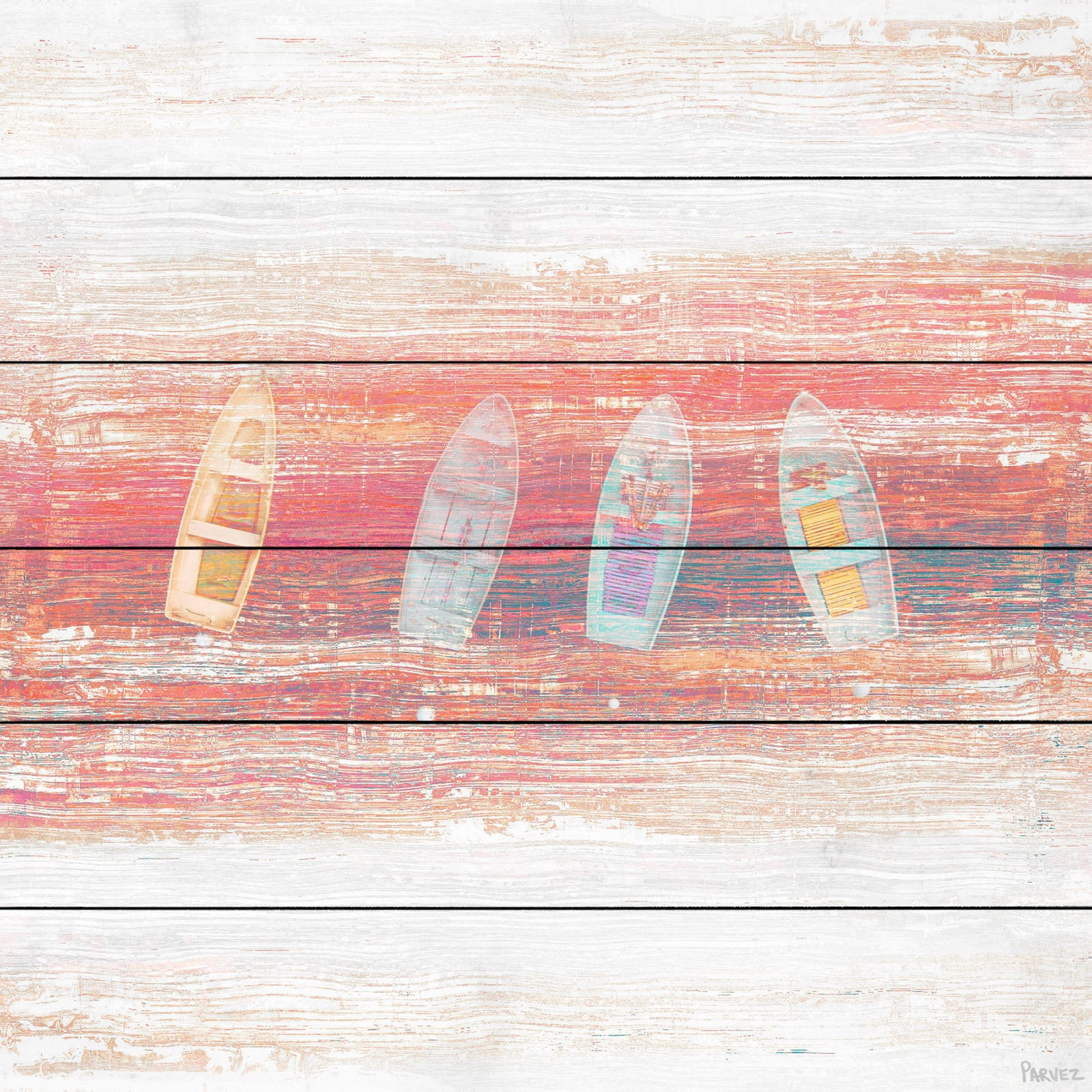 "Four Small Boats" Painting Print on White Wood
