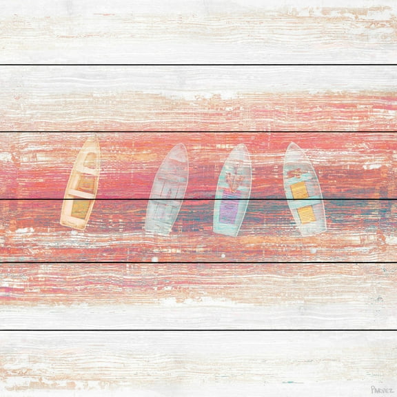 "Four Small Boats" Painting Print on White Wood