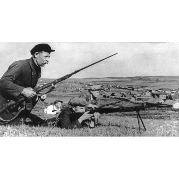 Four Soviet (Russian) Partisans With Fixed Bayonets And Small Machine Gun During World War 2. They Fought In German