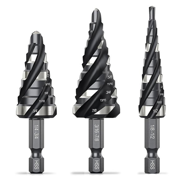 Four Spiral Flute Step Drill Bit Set, 3 Pcs HSS Step Drill Bits (1/8"-7/8") Unibit Step Drill Bit , 1/4" Shank Step Bits