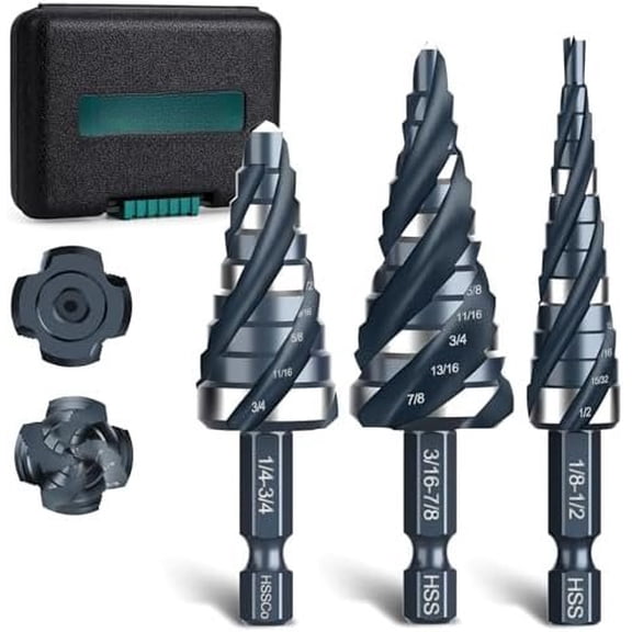 Four Spiral Flute Step Drill Bit Set, 3 count 1/8"-7/8" (59 Sizes), Steel Unibit Step Bits with 1/4" Hex Shank for Stainless Steel Metal Plastic