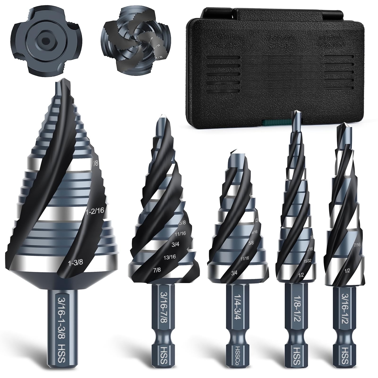 Four Spiral Flute Step Drill Bit Set, 3PCS 1/8"-7/8" High-Speed Steel Unibit Step Bits with 1/4" Hex Shank for Stainless Steel Metal Aluminum Wood Plastic