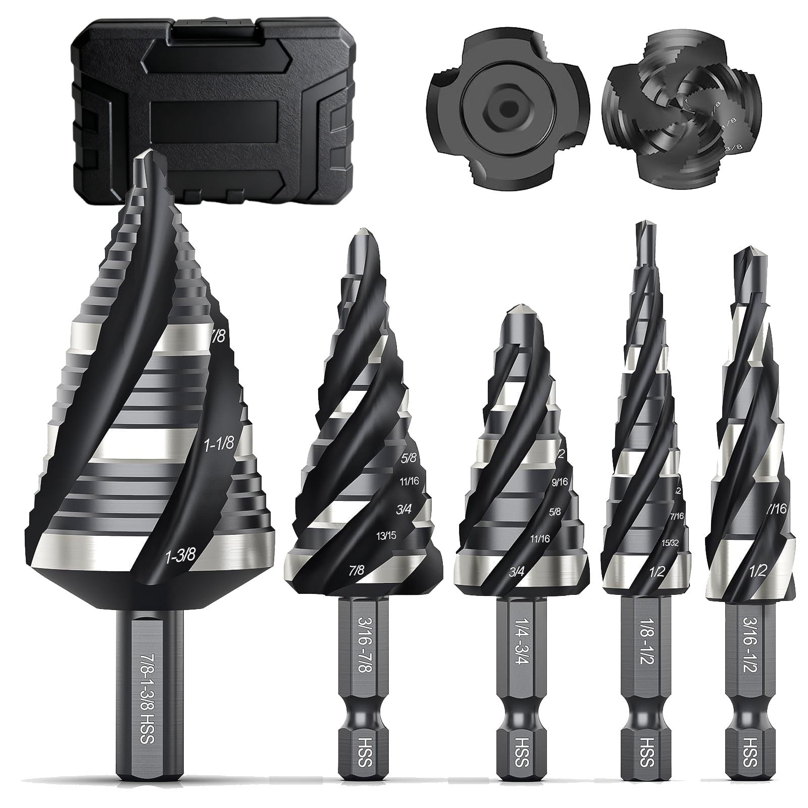 Four Spiral Flute Step Drill Bit Set, 3PCS 1/8"-7/8" High-Speed Steel Unibit Step Bits with 1/4" Hex Shank for Stainless Steel Metal Aluminum Wood Plastic