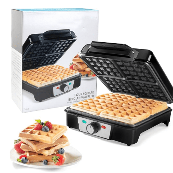 Four Square Belgian Waffle Maker, Extra Large Stainless Steel Kitchen Appliance w Nonstick Waffler Iron Plates Makes 4 Fluffy Waffles, Great Griddle for Family Holiday Breakfast or Xmas Gift