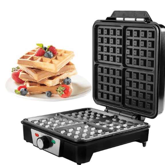 Four Square Belgian Waffle Maker, Extra Large Stainless Steel Kitchen Appliance w Nonstick Waffler Iron Plates Makes 4 Fluffy Waffles, Great Griddle for Family Holiday Breakfast or Xmas Gift