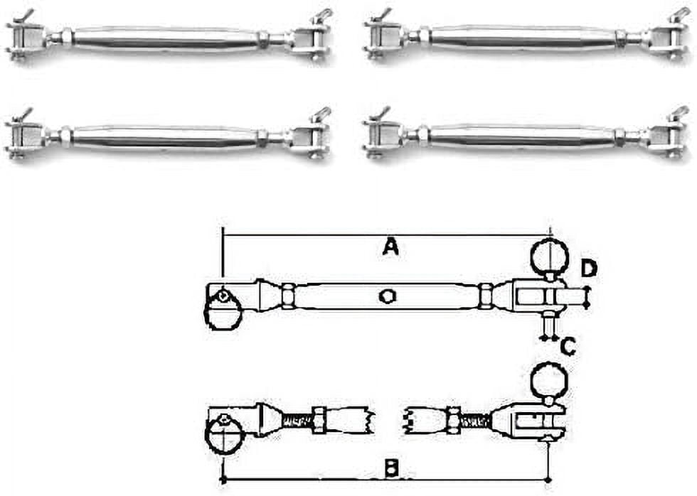 Four Stainless Steel Turnbuckles Jaw/Jaw 3/16"