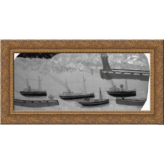Four Steam Ships and Three Jetties 24x12 Gold Ornate Wood Framed Canvas Art by Alfred Wallis