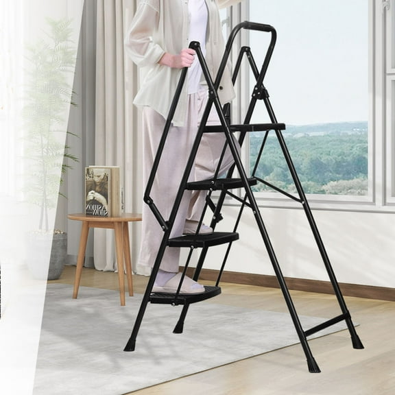 Four Step Ladder, Lightweight Folding Four Step Stool, Wide Anti Slip Pedal and Safety Handle, Sturdy Steel Ladder, Multi-Purpose Step Ladder, Suitable for Home, Kitchen, and Office Elevators