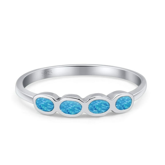 Four Stone Petite Dainty Lab-Created Blue Opal Ring Band 925 Sterling Silver Size 4