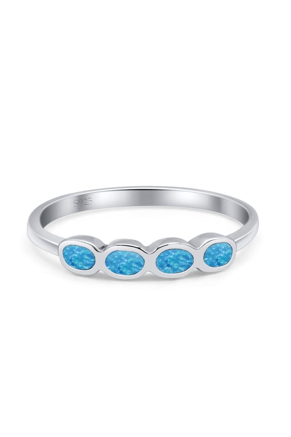 Four Stone Petite Dainty Lab-Created Blue Opal Ring Band 925 Sterling Silver Size 7