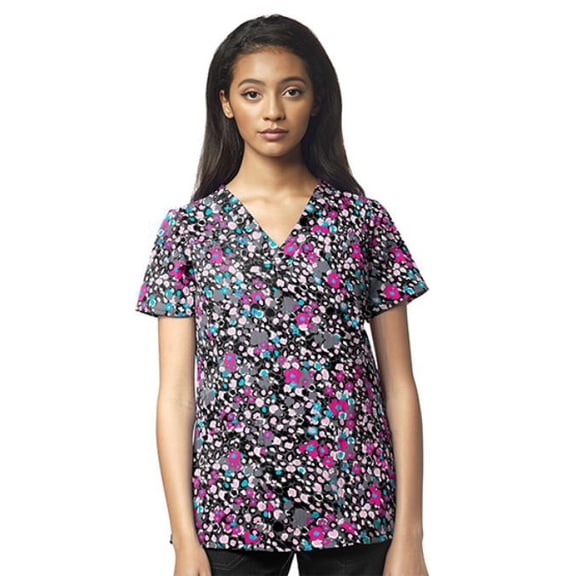 Four-Stretch Women's Sporty V-Neck Print Scrub Top