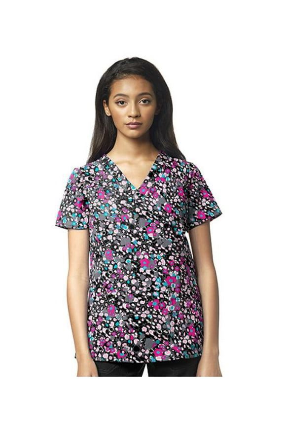 Four-Stretch Women's Sporty V-Neck Print Scrub Top