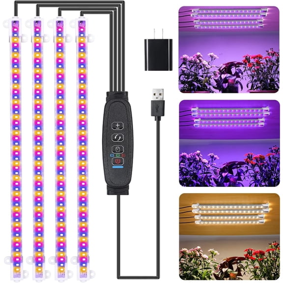 Four Strip Growing Lamp for Indoor Plants, Red & Blue & Yellow Full Spectrum LED Grow Light Strips with Auto ON/Off 3/9/12H Timer,10 Dimmable Levels for Green House Succulent (13 in)