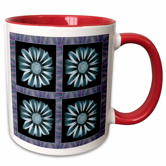 3drose, Four Teal Blue Striped Flowers with Purple and Blue Flower Petal Border, 11oz Two-tone Red Mug