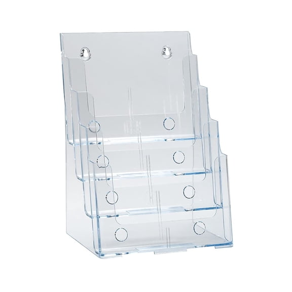 Four Tier Clear Brochure Holder, Wall Mount and Desktop File Organizer for Flyers, Office Supplies, Documents, Magazines, 8.5 x 11 Inches, Counter Stand, Transparent