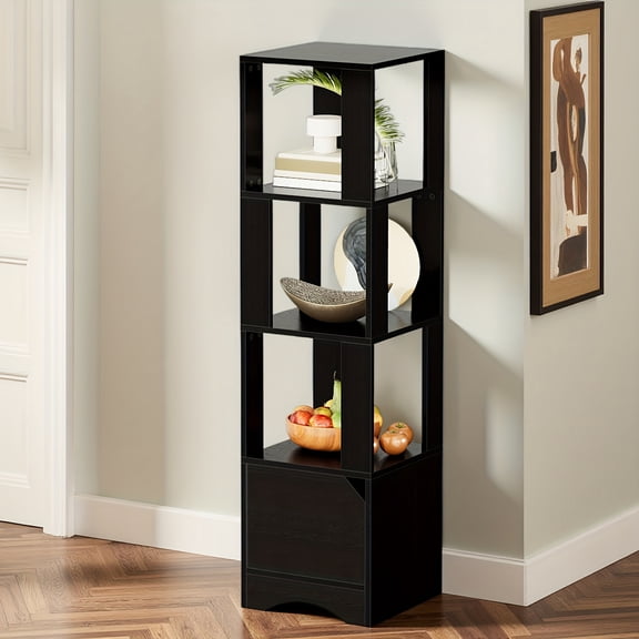 Four-Tier Corner Bookshelf with Doors, 51.5-Inch Tall Heavy-Duty Hardwood Freestanding Storage for Home Office, Living Room, and Study Room