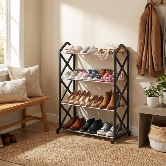 Four Tier Shoe Rack Organizer, Plastic Shoe Shelf for Entryway, Bedroom, or Closet, Easy Assembly No Tools Required, Black (2 Pcs)