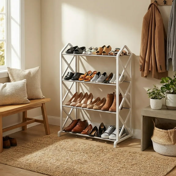 Four Tier Shoe Rack Organizer, White Plastic Shoe Shelf for Entryway, Closet, Bedroom, and Bathroom Storage (1 Pc)