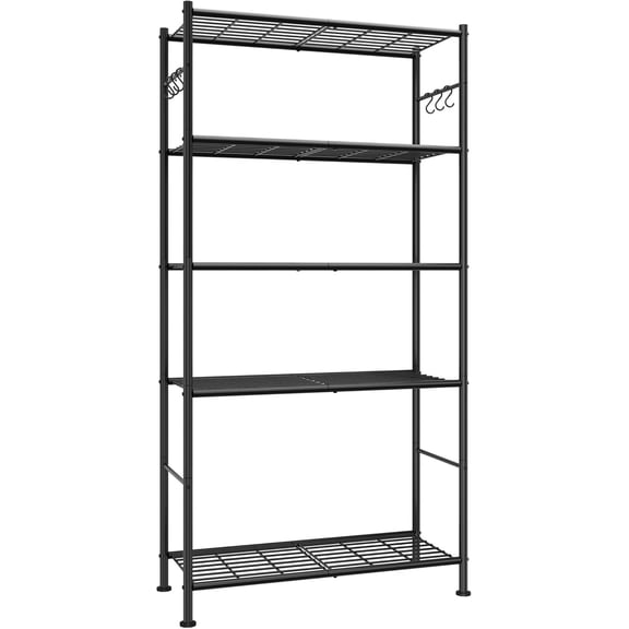 Four-Tier Storage Shelf with Hooks and Leveling Feet, Easy Assembly, Rust-Resistant Organizer for Garage Kitchen Pantry Bedroom, 33.2 x 12.7 x 57.3 Inches, Black