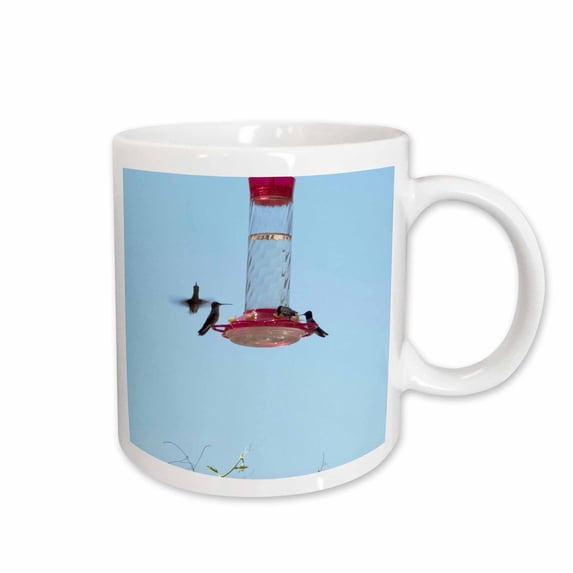 3drose, Four Tiny Hummingbirds at Oen Feeder on a Blue Sky, 15oz Mug