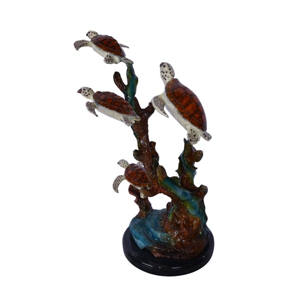 Nifao Four Turtles with Fish Bronze Statue on A Marble Base Bronze Statue on Marble Base, Nautical Decor, 16"L x 12"W x 22"H