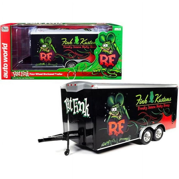 Four Wheel Enclosed Car Trailer "Rat Fink" Black with Graphics for 1/18 Scale Model Cars by Autoworld