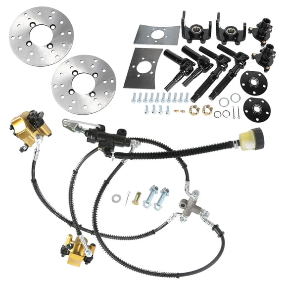 Four Wheel Front Rear Wheel Half Axle Kit Drive Assembly with Brake Rotor and Hydraulic Twin Front Brake Caliper Cylinder for Karting ATV UTV Drift Trike Golf Cart Quad Buggy Dune 4 Wheeler Moped