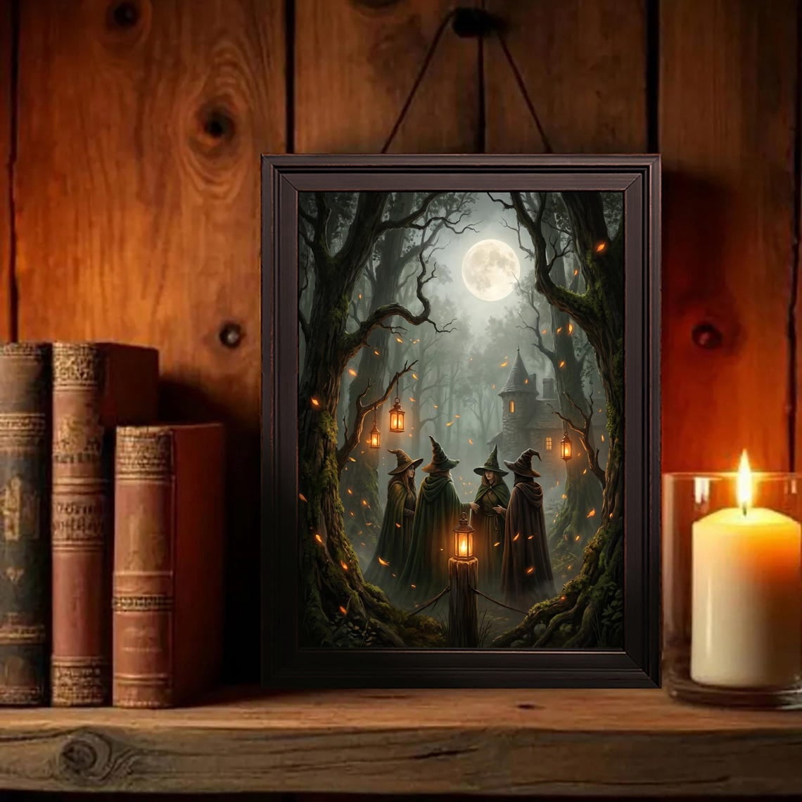 Store Sign Flashcard Four Witches Coven Gathering Full Moon Dark Forest Wall Art Print ...