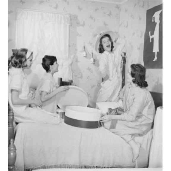 Four Young Women Fitting Hats in Bedroom Poster Print - 18 x 24 in.
