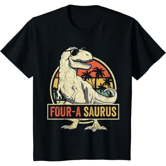 Four a Saurus Birthday T Rex 4 Year Old Dino 4th Dinosaur Unisex T-Shirt for Men Women Kids,Black Color,Size XL