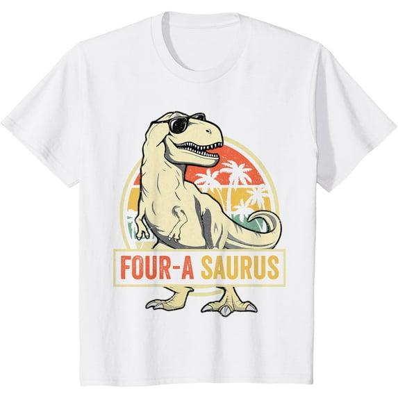 Four a Saurus Birthday T Rex 4 Year Old Dino 4th Dinosaur Unisex T-Shirt for Men Women Kids,White Color,Size 2T
