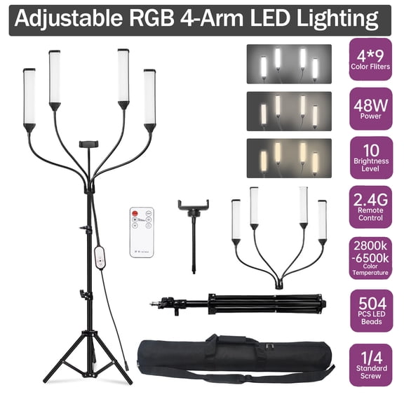 Four-arm RGB LED Photography Light, Equipped with Tripod Stand,Photography Bag,36 PCS Color gels, Suitable for Live Streaming,Video Recording,Eyebrow Embroidery,Makeup,Tattoo,Lash,YouTube Videos