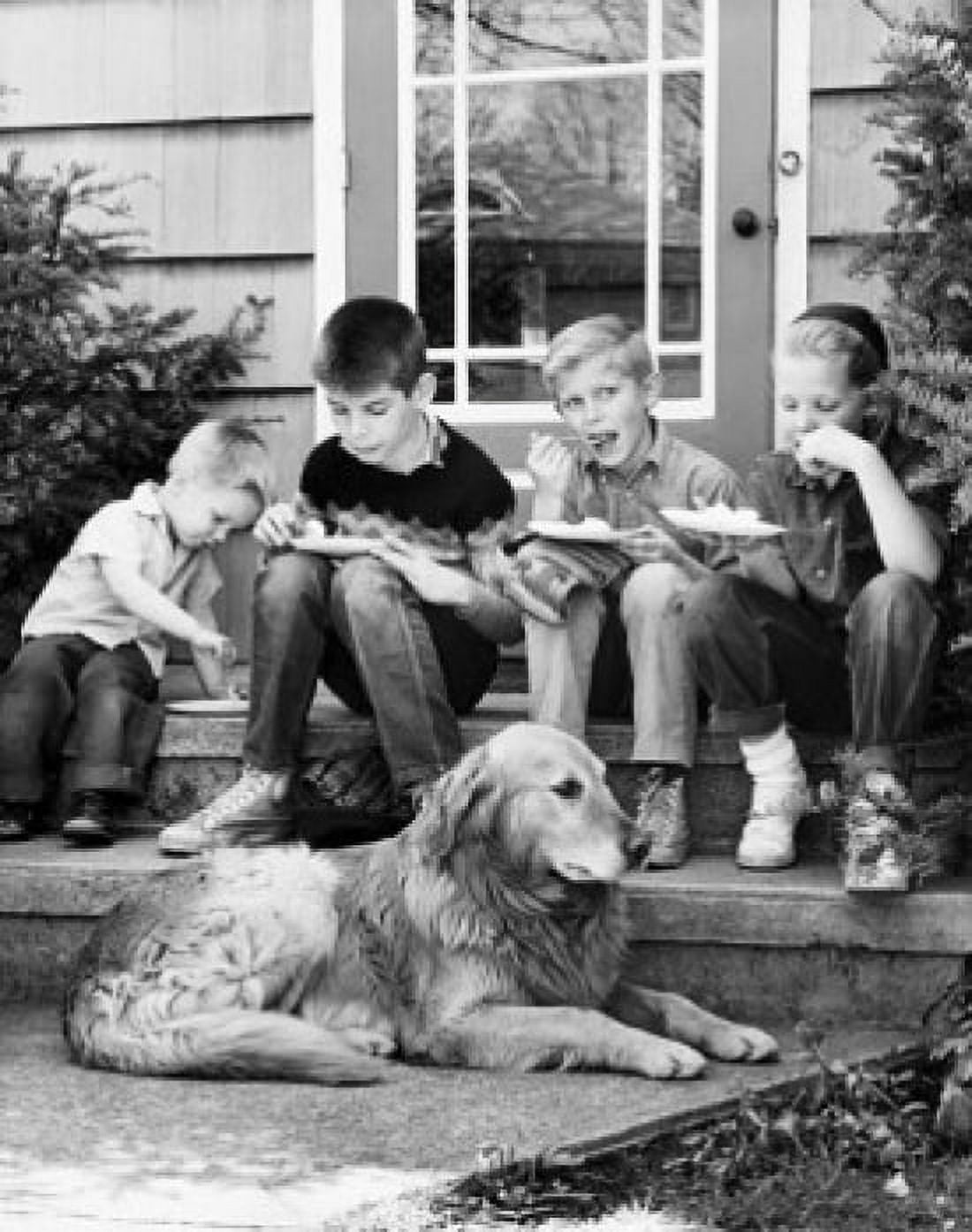 Four boys eating ice cream and a dog sitting in front of them Canvas Art - (18 x 24)
