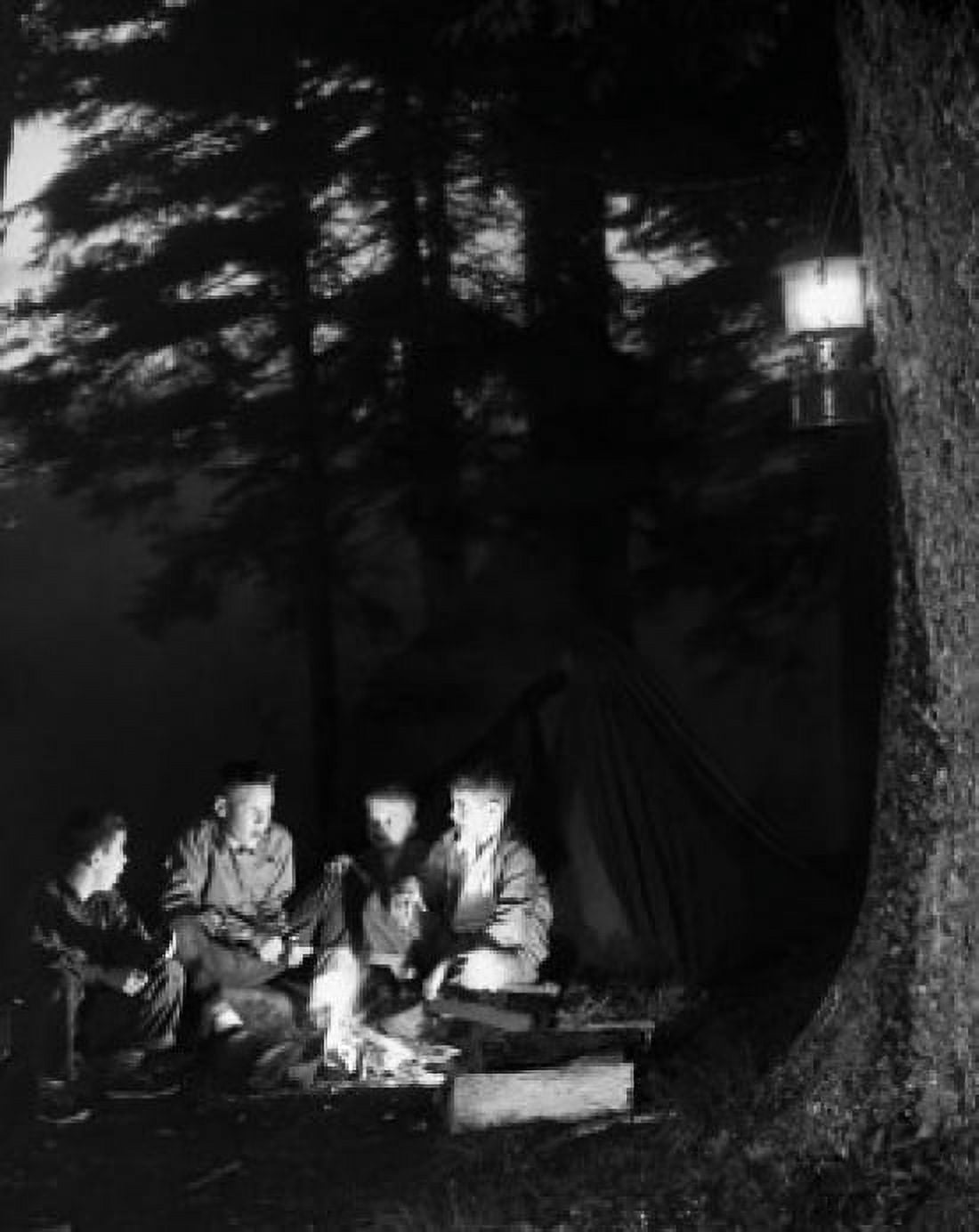 Four boys sitting near a campfire in a forest Canvas Art - (18 x 24)