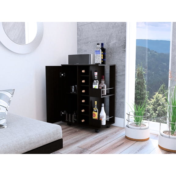 Four - caster black bar cart, multiple storage areas | Good for comprehensive bar storage solutions