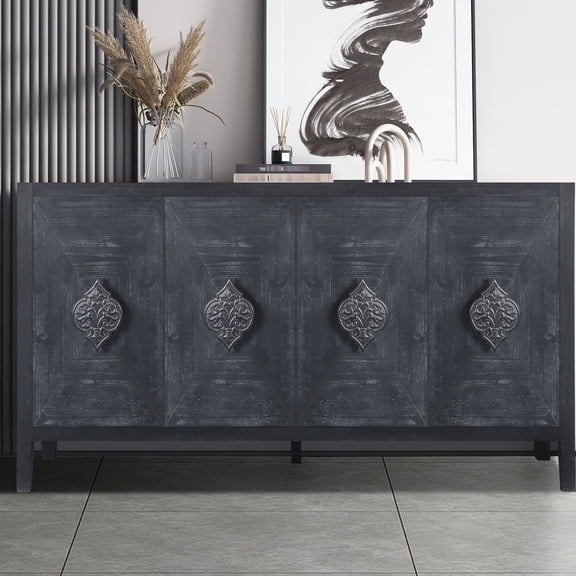 Four - door cabinet with flower - carved handles in antique style for living room storage