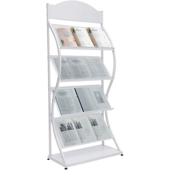 Four-layer Magazine Rack Floor Standing Newspaper and Magazine Display Rack Arc Advertising Sign Board Simple Iron Information Rack (White)