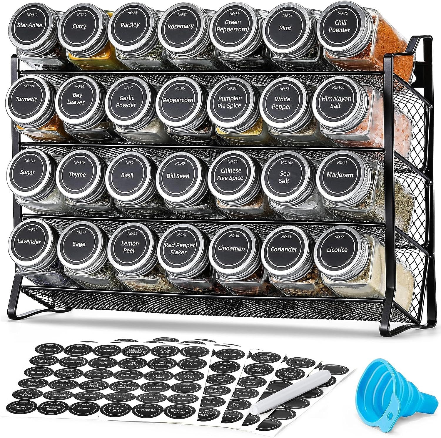 Black Metal 4-Tier Spice Rack with Clear Glass Jars