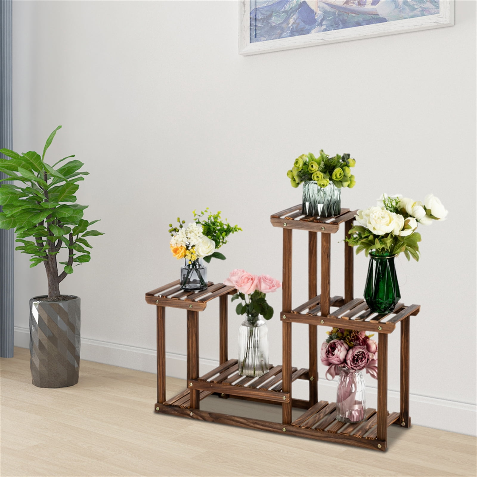 Four-layer plant rack, multifunctional carbonized wood flower rack ...