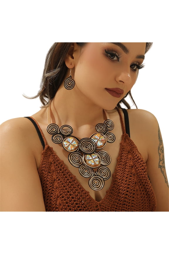 Four-leaf Clover Crystal Necklace Earring Set Chunky African Statement Jewelry For Women Tribal Costume Accessories Unique Colorful Big Rhinestone Crystal Pendent Collar Choker Bib Handmade