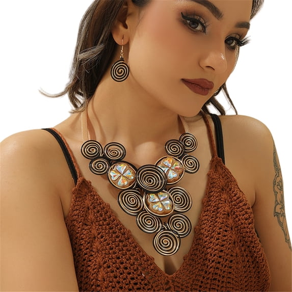 Four-leaf Clover Crystal Necklace Earring Set Chunky African Statement Jewelry For Women Tribal Costume Accessories Unique Colorful Big Rhinestone Crystal Pendent Collar Choker Bib Handmade