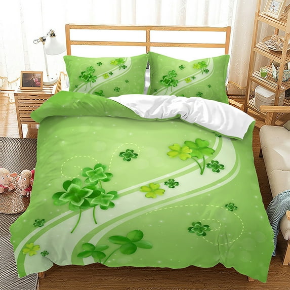 Four-leaf Clover Duvet Cover Set Green Leaves with Good Luck Polyester Comforter Cover for Kids Boy Girl Bedding Set King Size