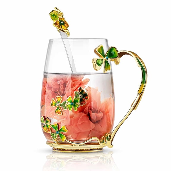 Four-leaf Flower Glass Coffee & Tea Mug Set Green with Spoon
