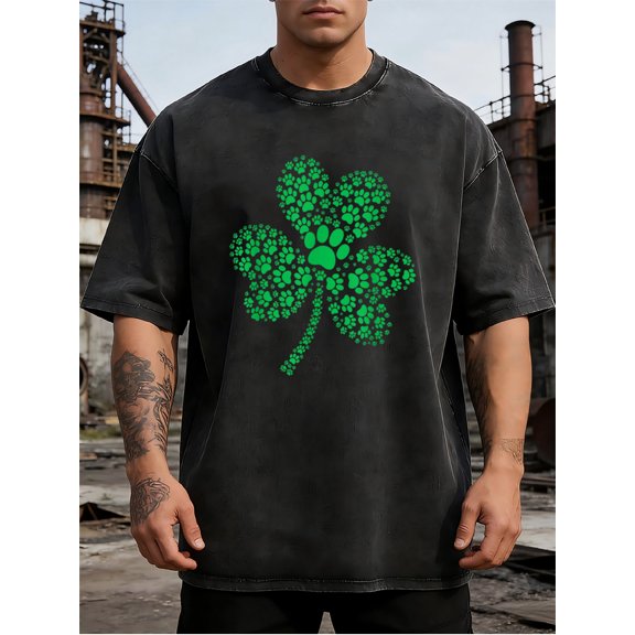 Four-leaf clover footprint T-shirt - Black acid-washed pattern T-shirt, featuring green footprint design, men's and women's casual round-neck short-sleeved shirt, St. Patrick's Day lucky charm gift
