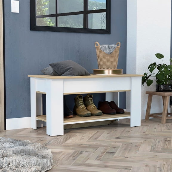 Four - leg light oak/white storage table with lower shelf for bedroom shoe organization