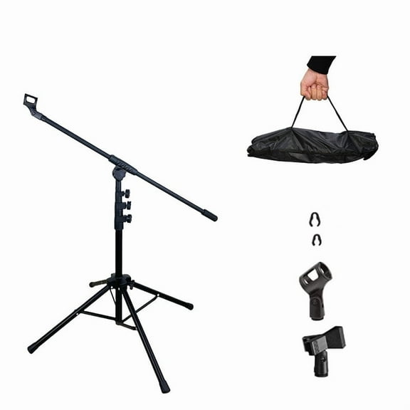 Four legged Boom Arm Floor Microphone Stand. from 24" to 67"Extendable Height with Adjustable Angle. Comes with a storage bag for easy carrying and 2 Mic Clips.for Singing Performance and Podcast