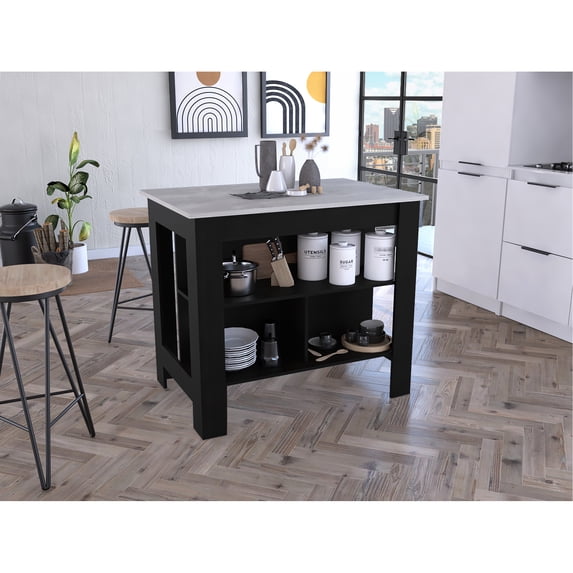 Four-legged Kitchen Island In Black/ Marble, Provides Extra Countertop And Storage Functional Kitchens With Four Legs Three Shelves - Black / For Prep, Fits 2 Stools, Ensures Ample Legroom